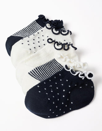 5 pairs of striped/dotted ankle socks for baby girls, white/dark blue