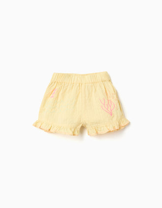 Cotton shorts with ruffles and embroidery for baby girls, yellow