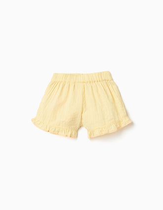 Cotton shorts with ruffles and embroidery for baby girls, yellow