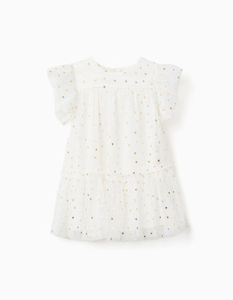 Sleeveless tulle dress with ruffles and stars for baby girls, white