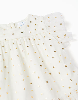 Sleeveless tulle dress with ruffles and stars for baby girls, white
