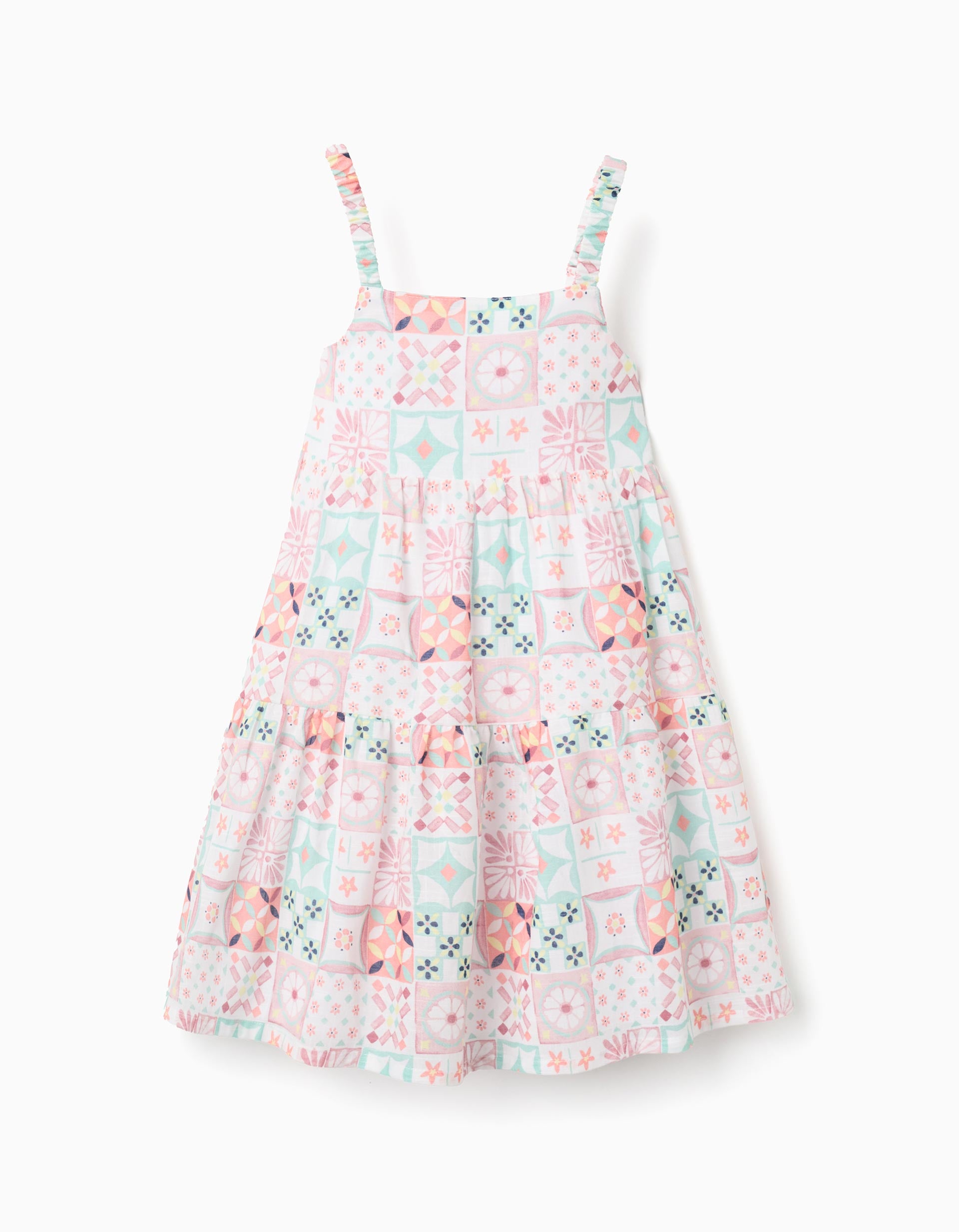 Strappy cotton dress with tile pattern for girls, multicolour