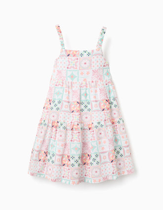 Strappy cotton dress with tile pattern for girls, multicolour