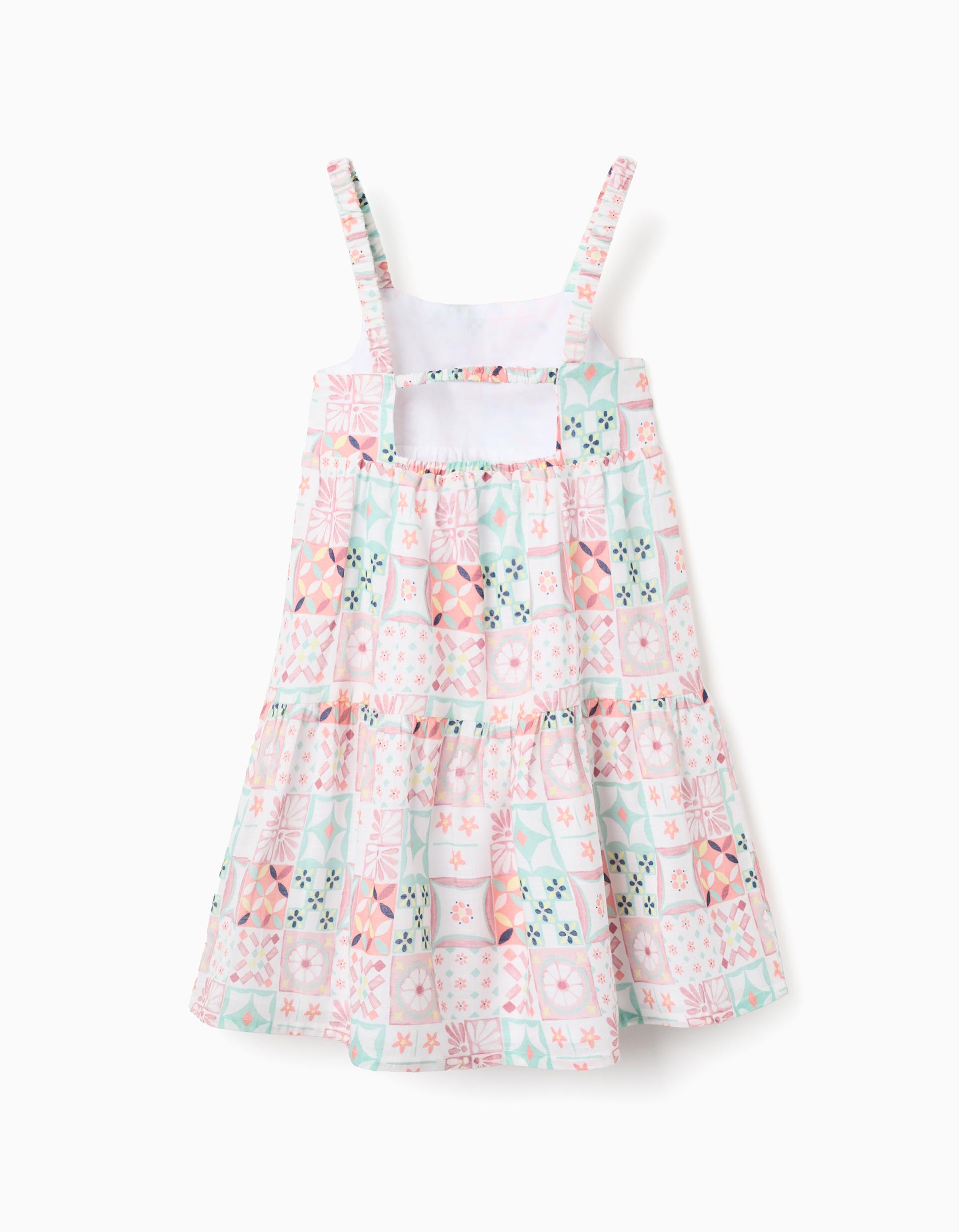 Strappy cotton dress with tile pattern for girls, multicolour