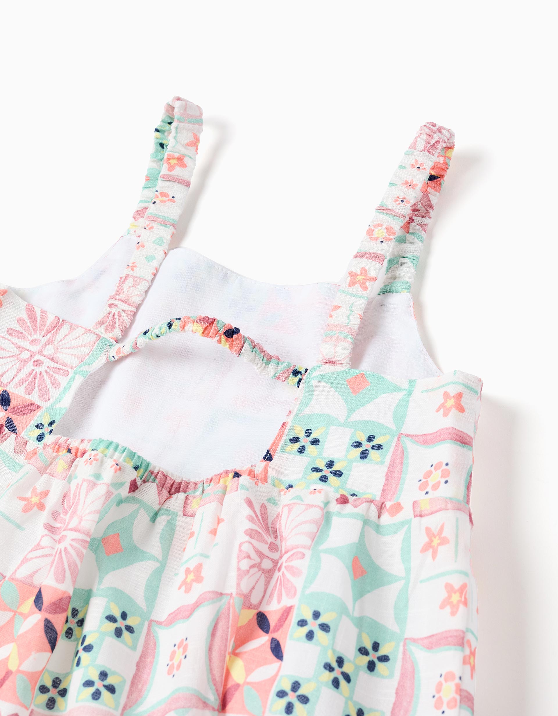 Strappy cotton dress with tile pattern for girls, multicolour