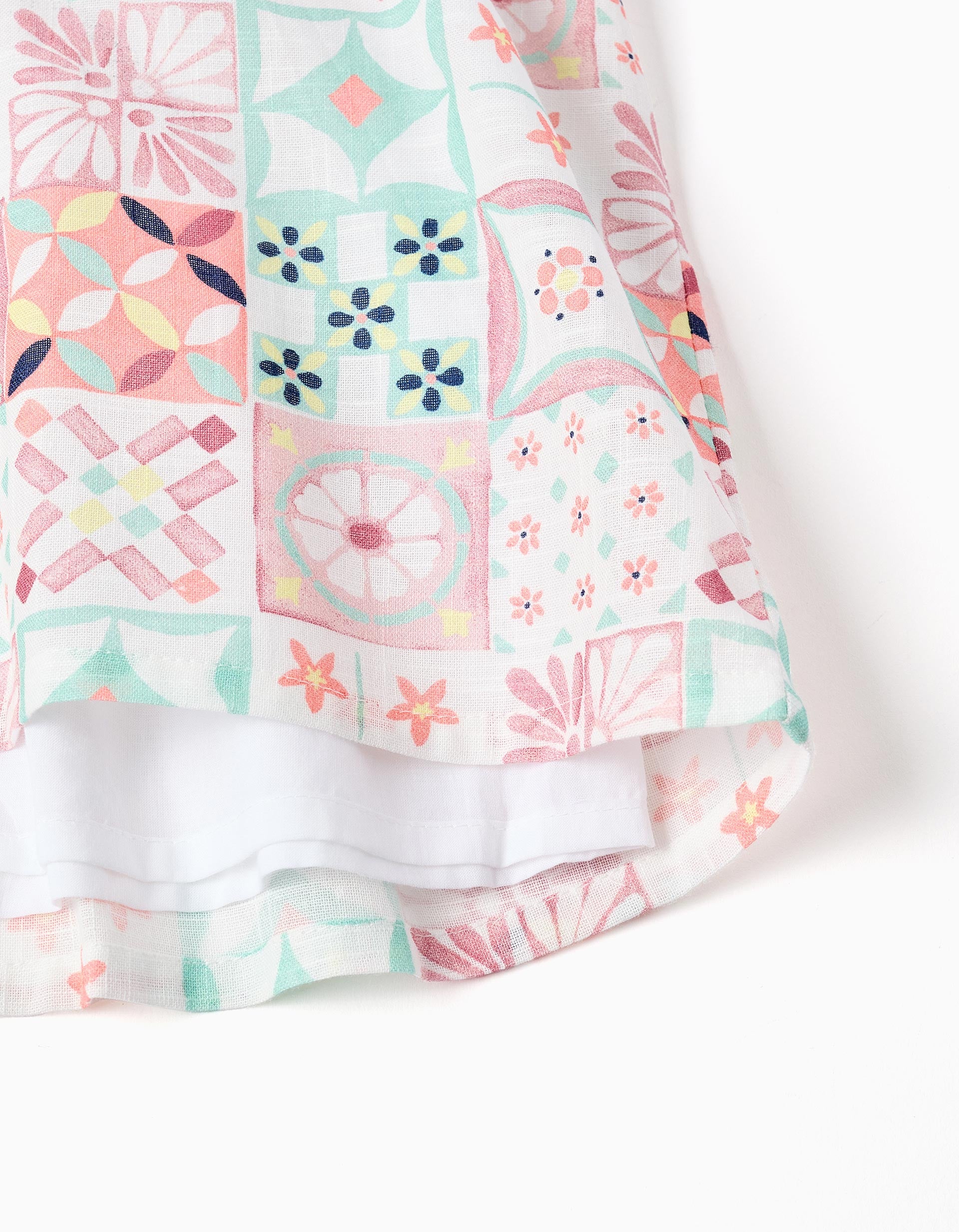 Strappy cotton dress with tile pattern for girls, multicolour