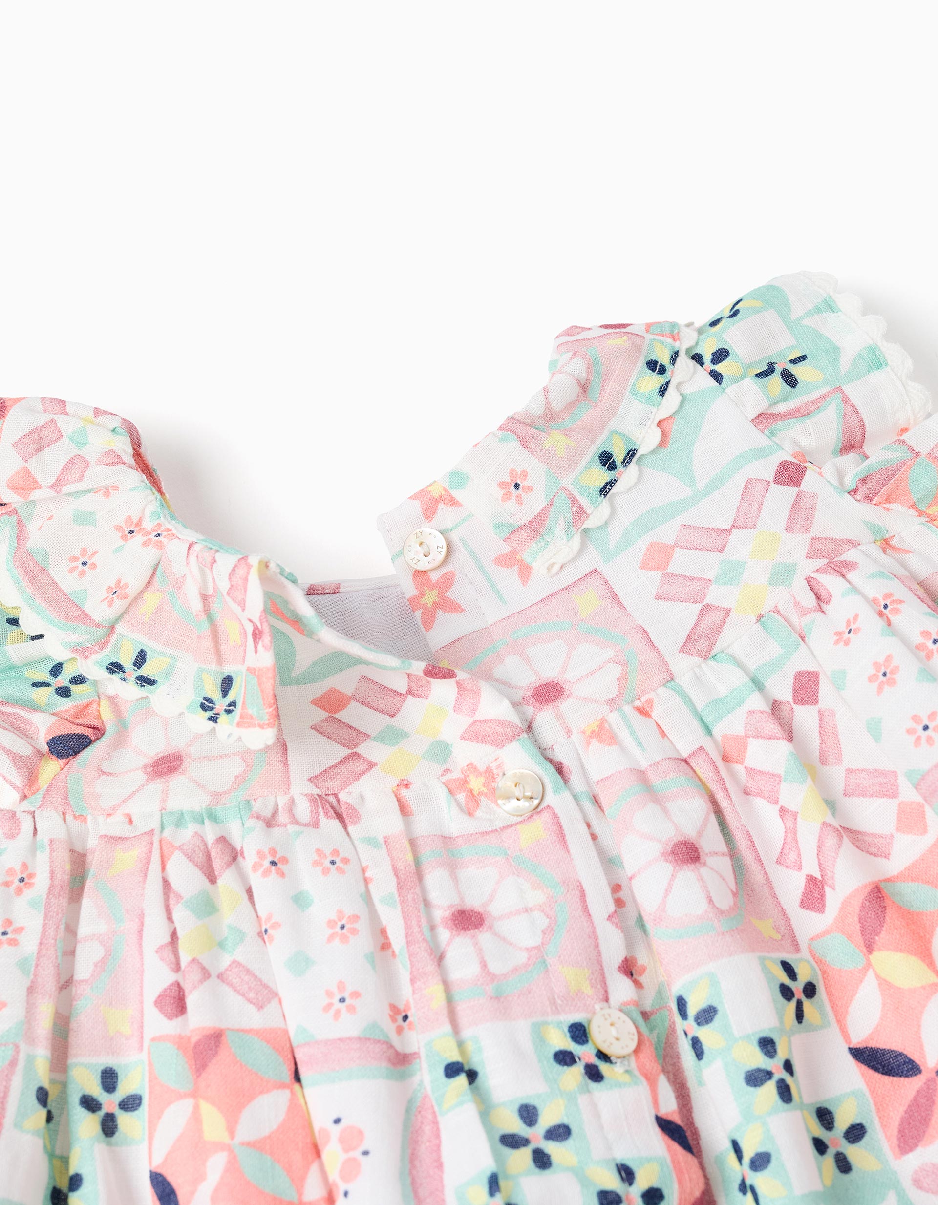 Cotton dress + bloomers with tile motif for newborn girls, multicolour