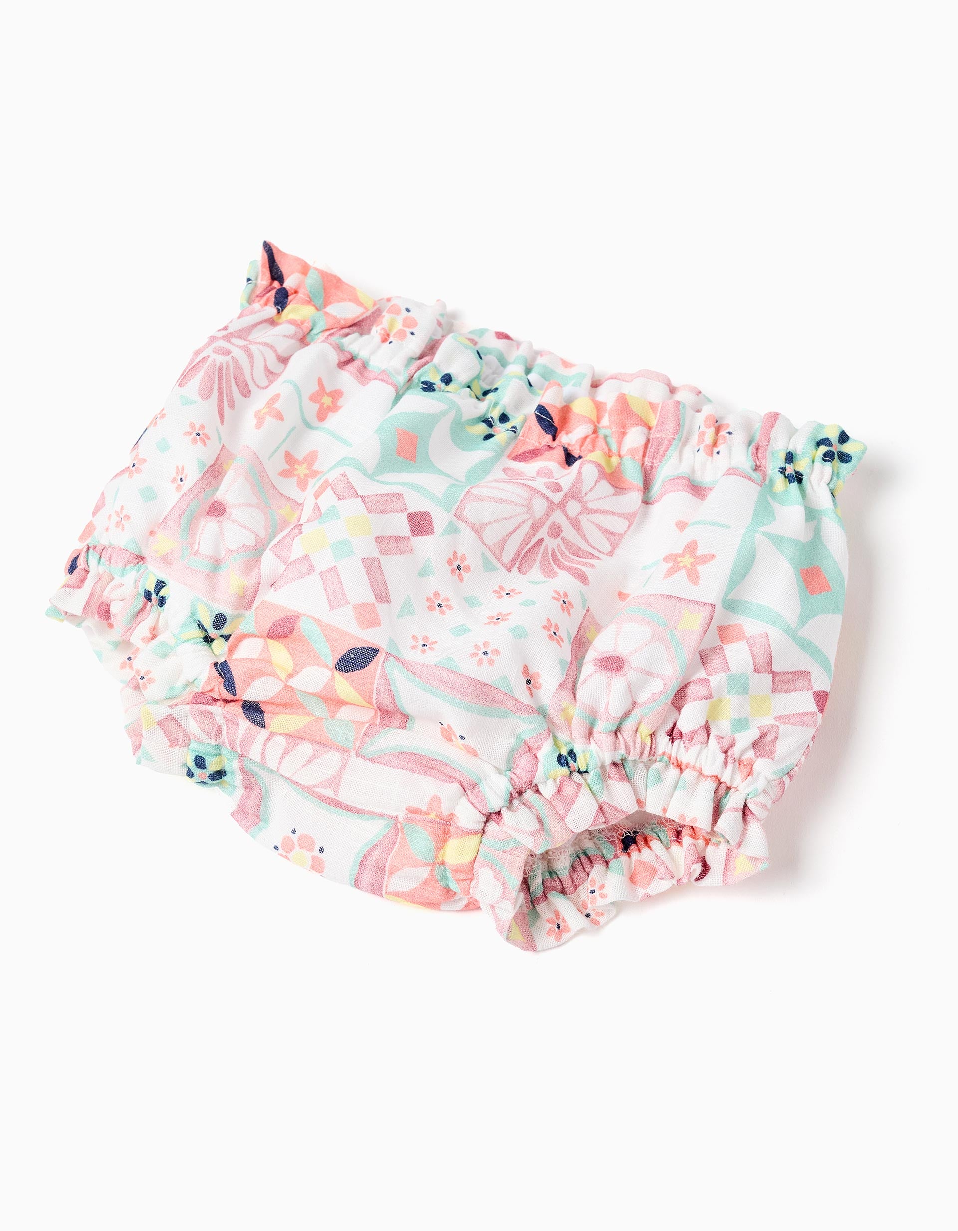 Cotton dress + bloomers with tile motif for newborn girls, multicolour
