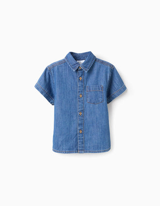 Camisa de manga corta vaquera con bolsillo para bebé niño, azul