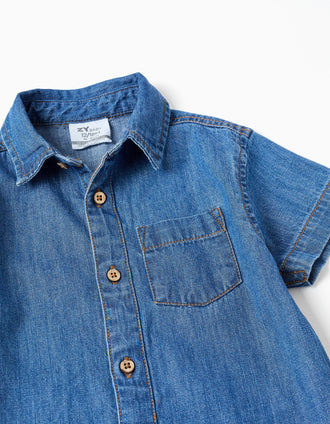 Camisa de manga corta vaquera con bolsillo para bebé niño, azul