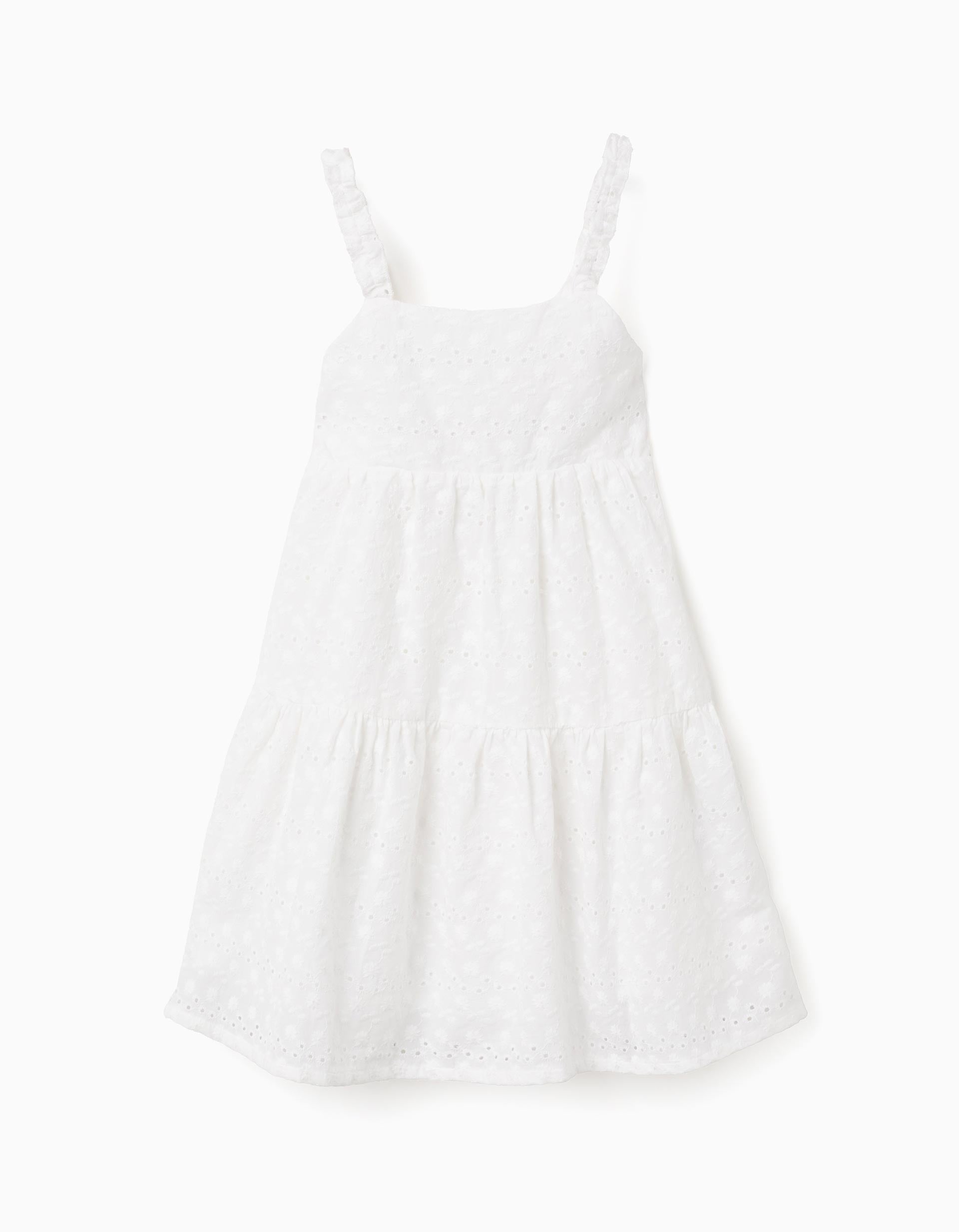 Strappy cotton dress with broderie anglaise for girls, white