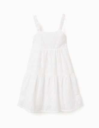 Strappy cotton dress with broderie anglaise for girls, white
