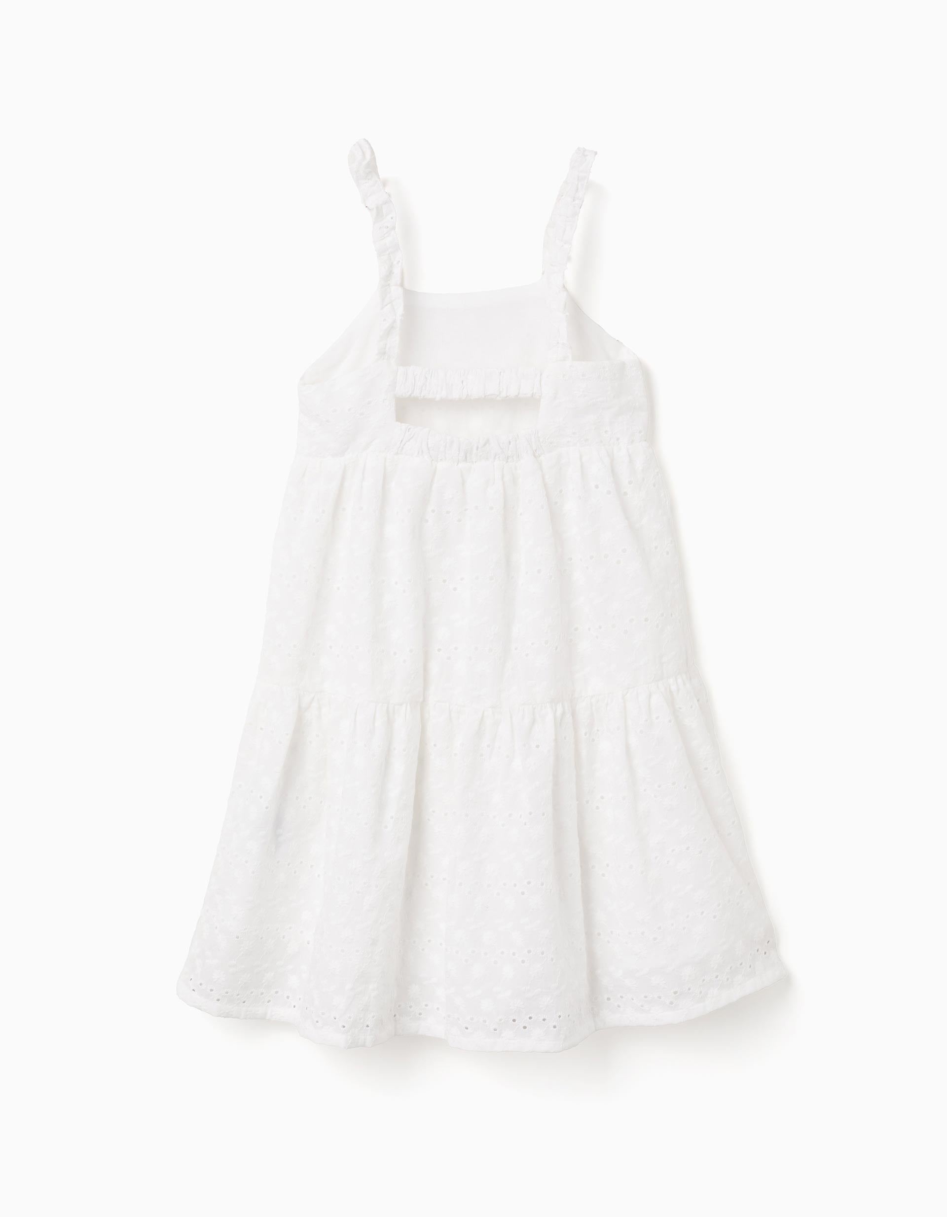 Strappy cotton dress with broderie anglaise for girls, white