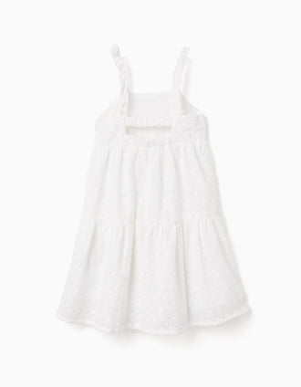 Strappy cotton dress with broderie anglaise for girls, white