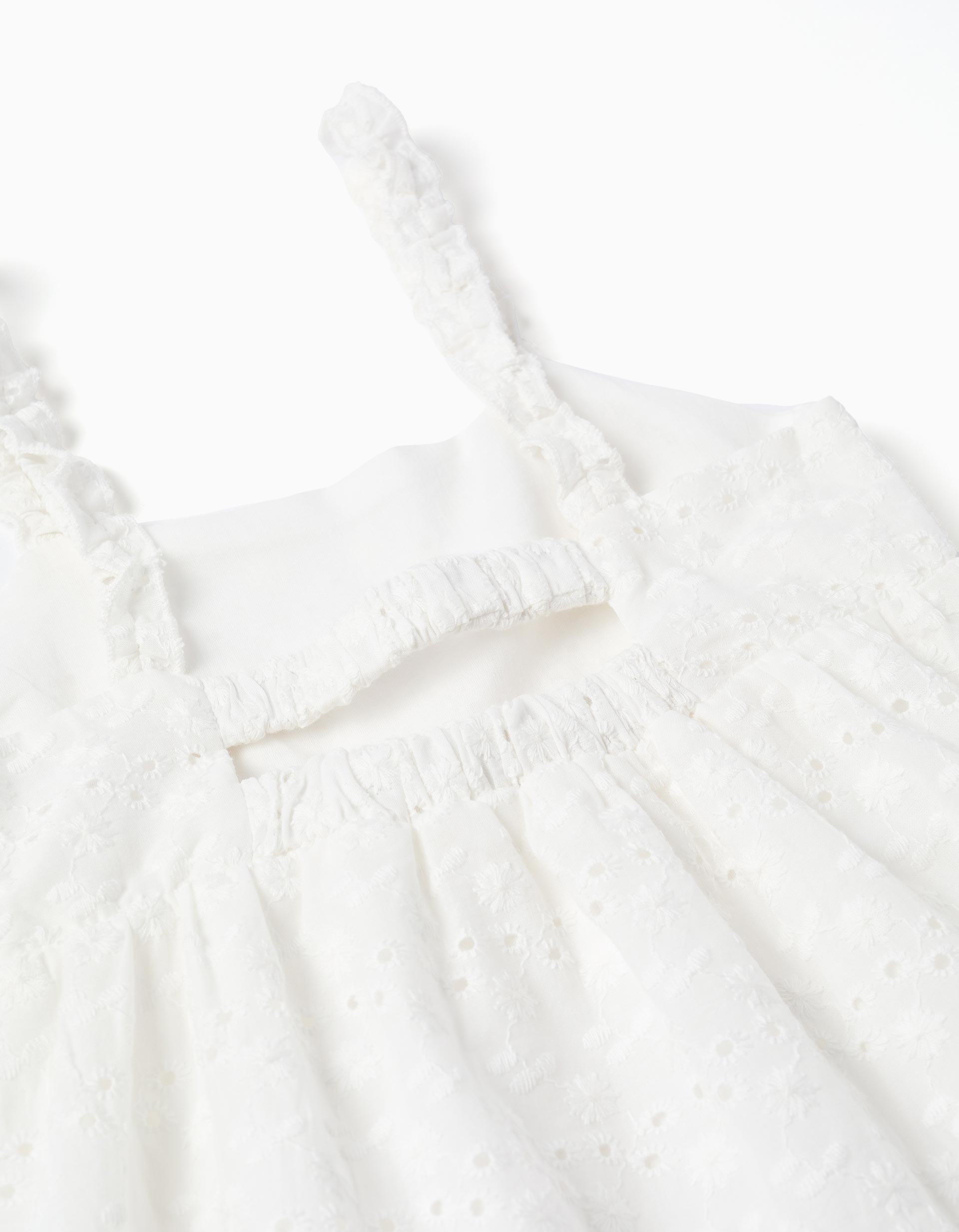 Strappy cotton dress with broderie anglaise for girls, white