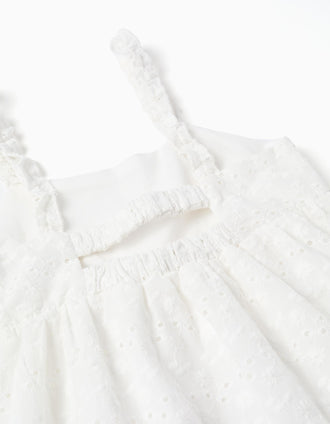 Strappy cotton dress with broderie anglaise for girls, white