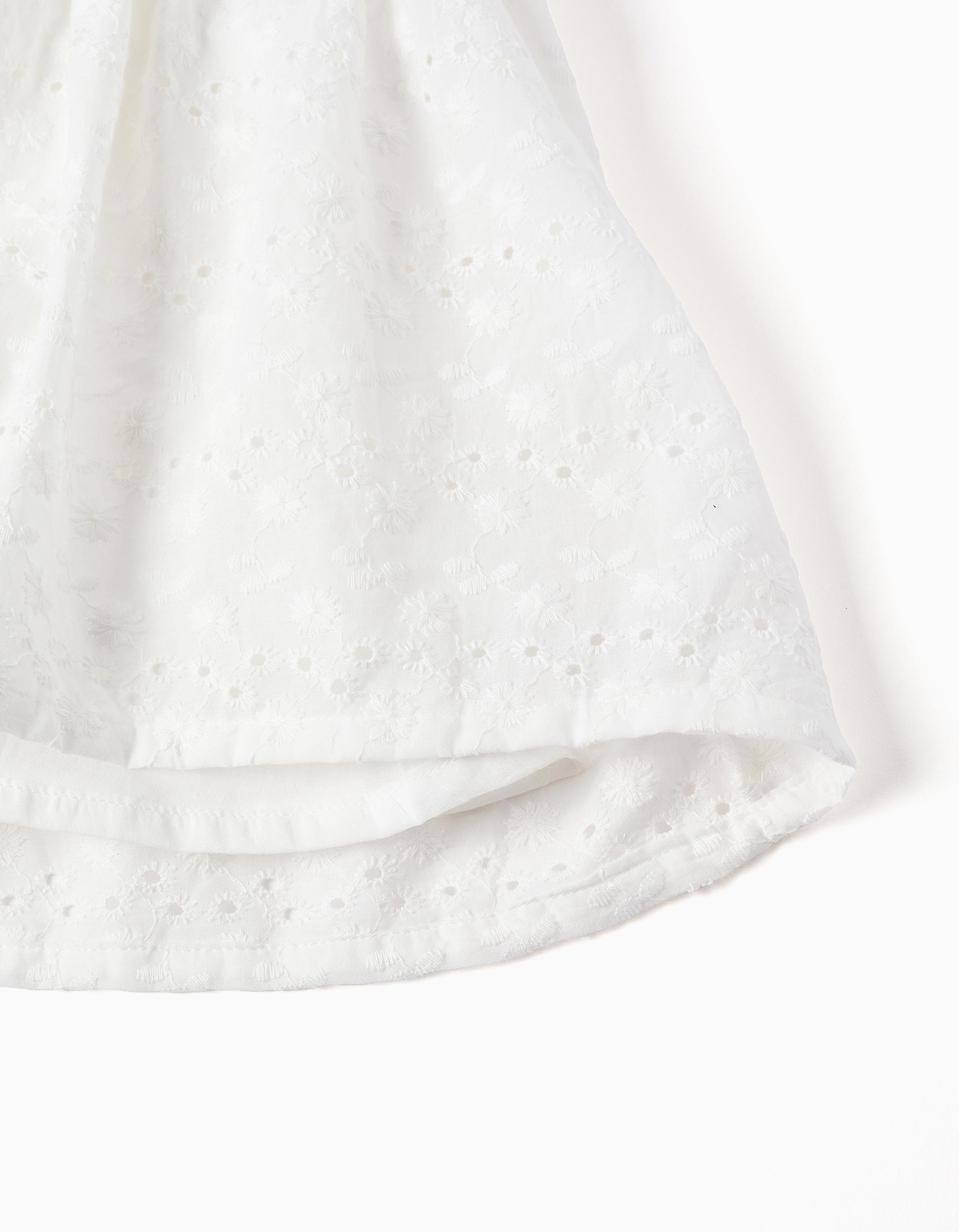 Strappy cotton dress with broderie anglaise for girls, white