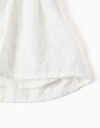 Strappy cotton dress with broderie anglaise for girls, white