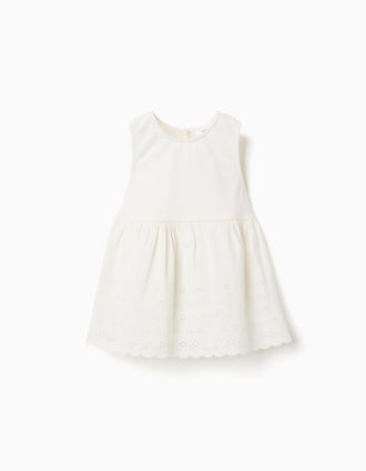 Blusa sem mangas de algodão com bordado inglês para menina, bege-claro