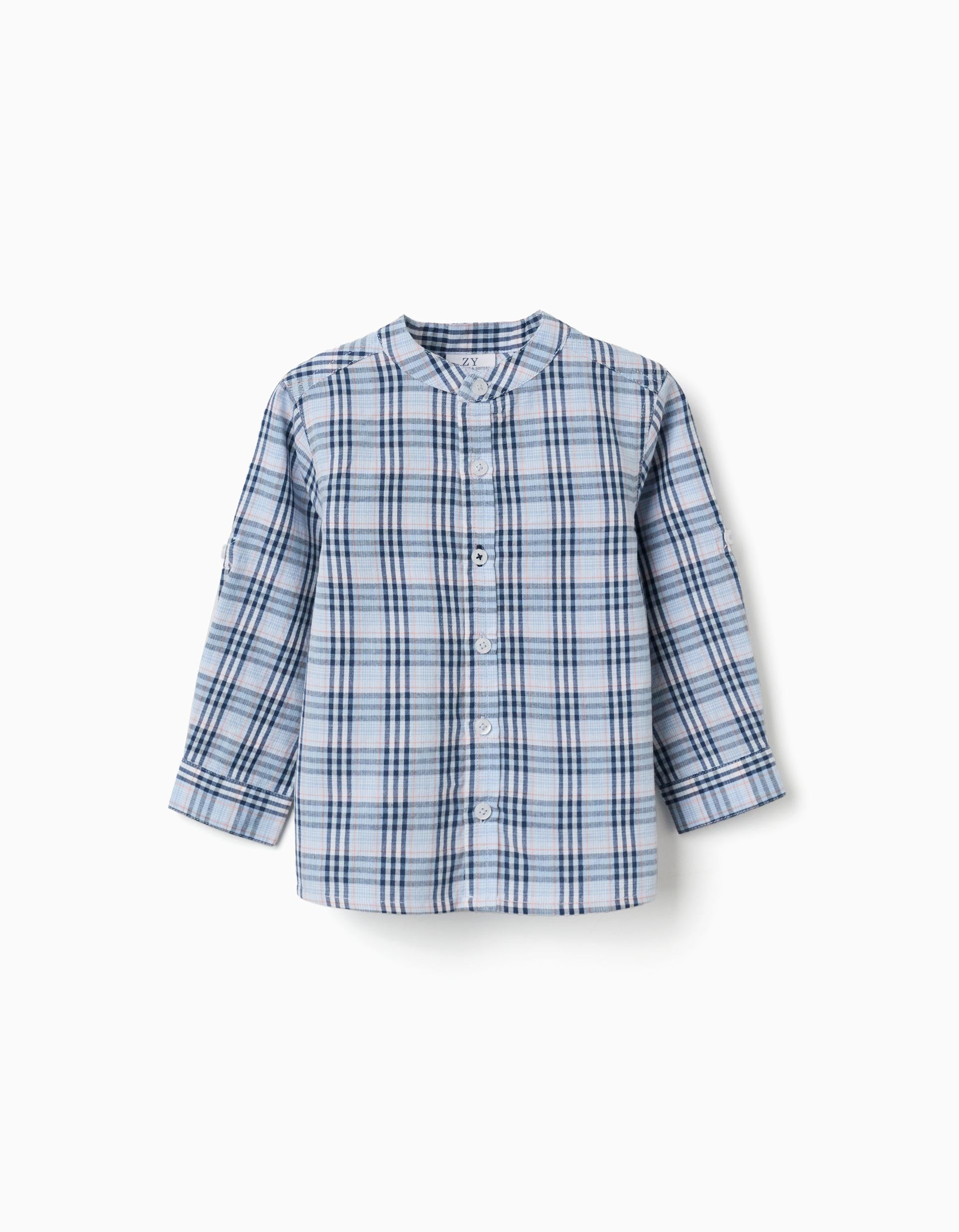 Camisa de algodão xadrez com mangas dobráveis B&S para bebé menino, azul