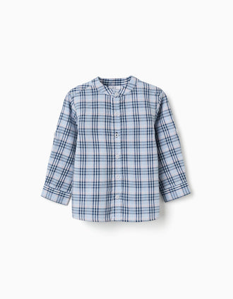 Camisa de algodão xadrez com mangas dobráveis B&S para bebé menino, azul