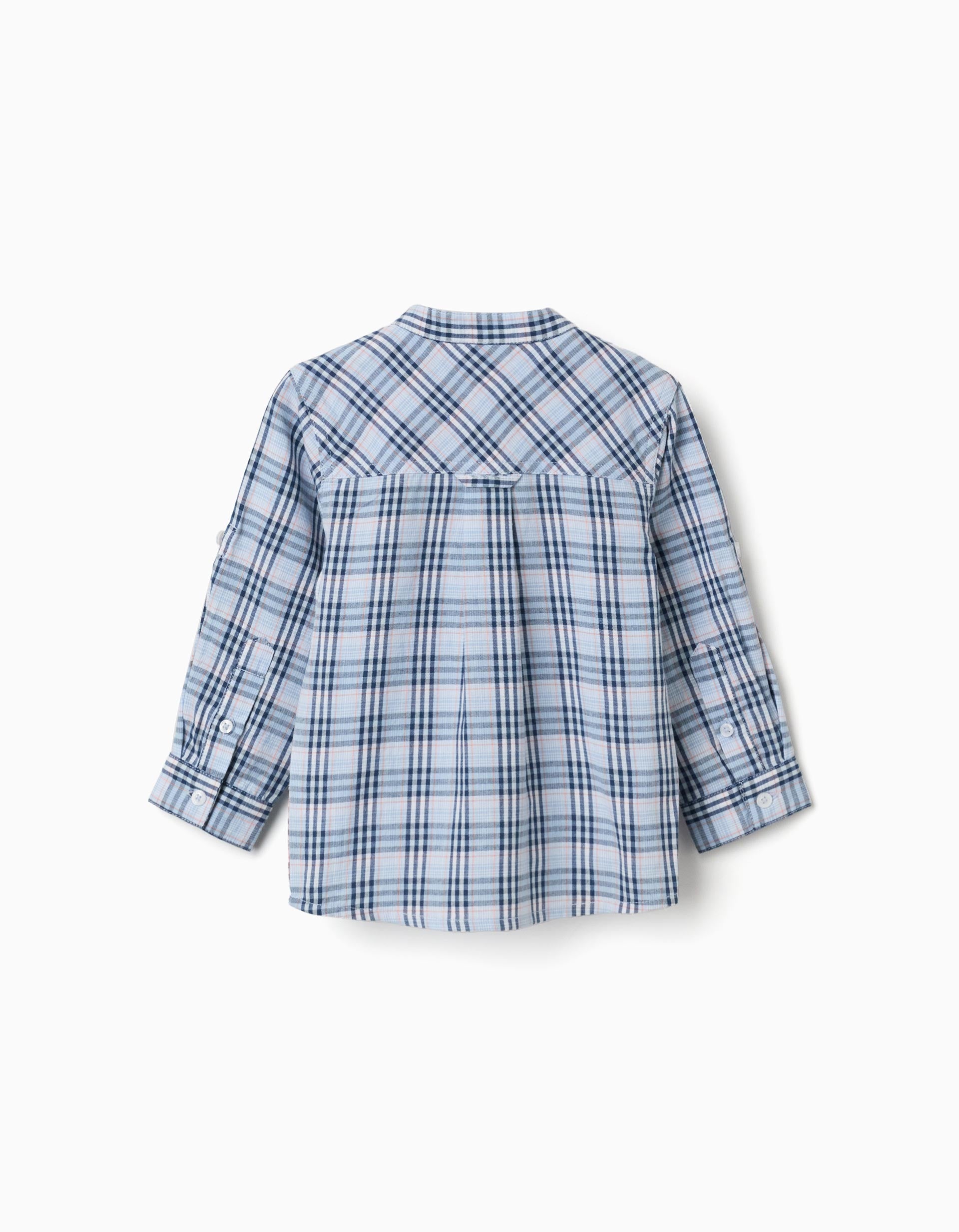 Camisa de algodão xadrez com mangas dobráveis B&S para bebé menino, azul