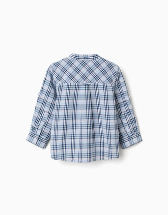 Camisa de algodão xadrez com mangas dobráveis B&S para bebé menino, azul