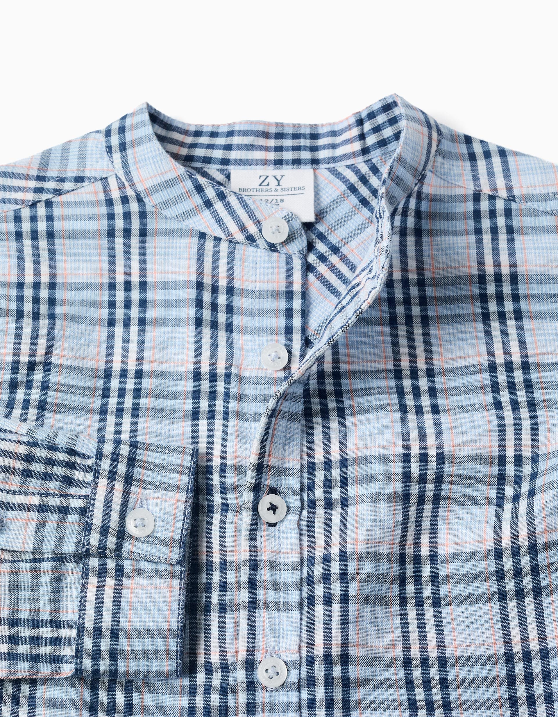 Camisa de algodão xadrez com mangas dobráveis B&S para bebé menino, azul