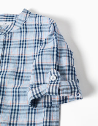 Camisa de algodão xadrez com mangas dobráveis B&S para bebé menino, azul