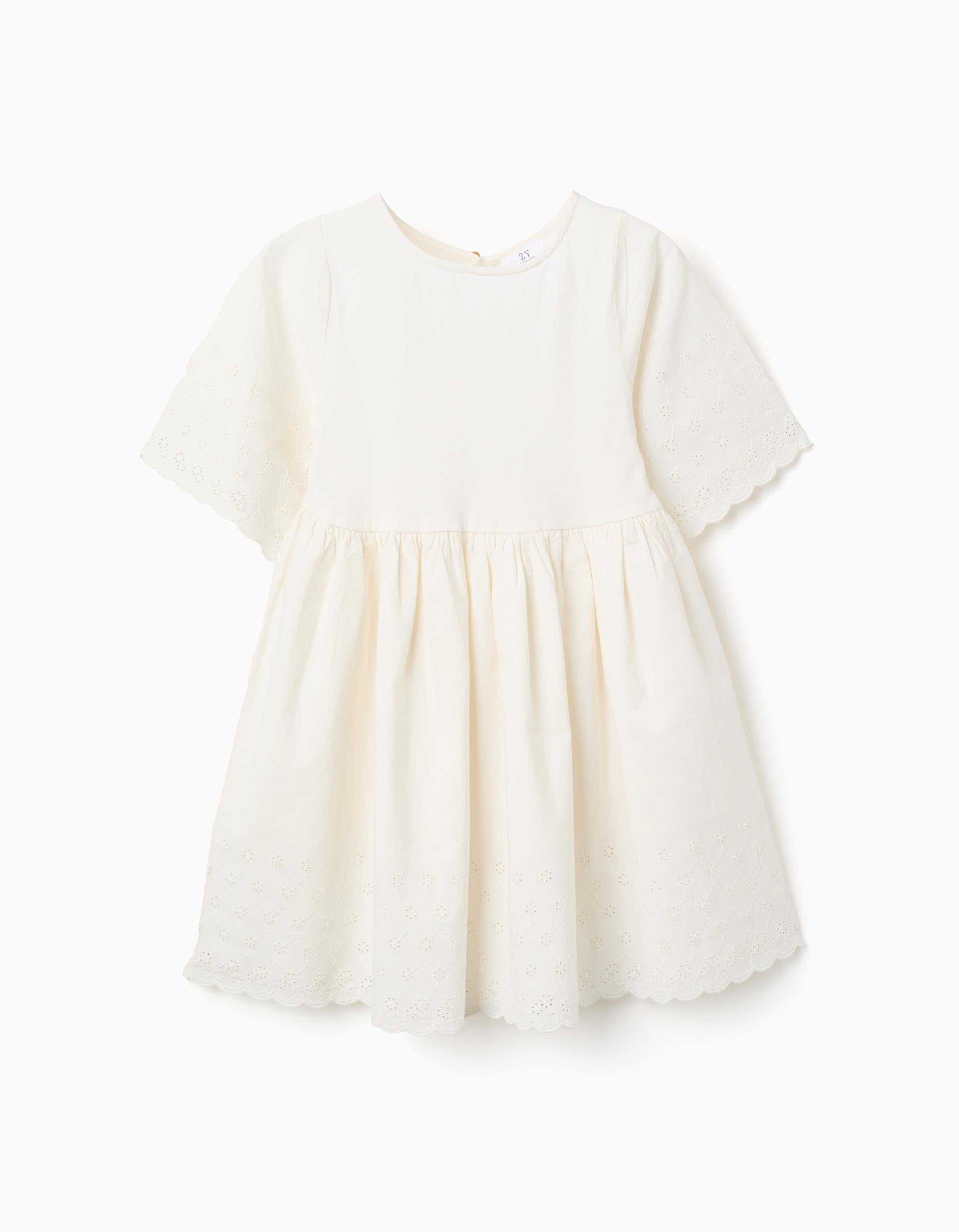 Short sleeve cotton dress with broderie anglaise for girls, light beige