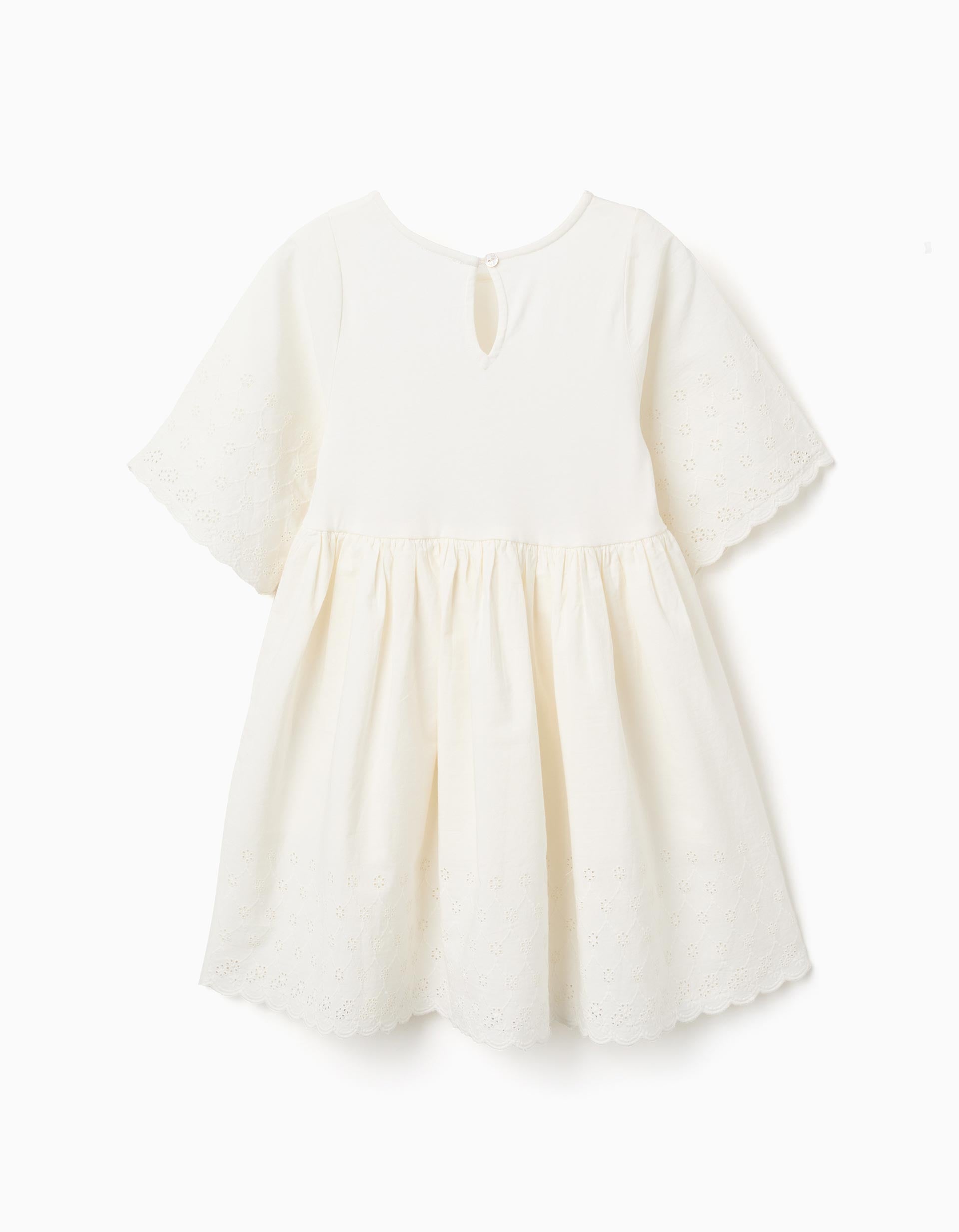 Short sleeve cotton dress with broderie anglaise for girls, light beige