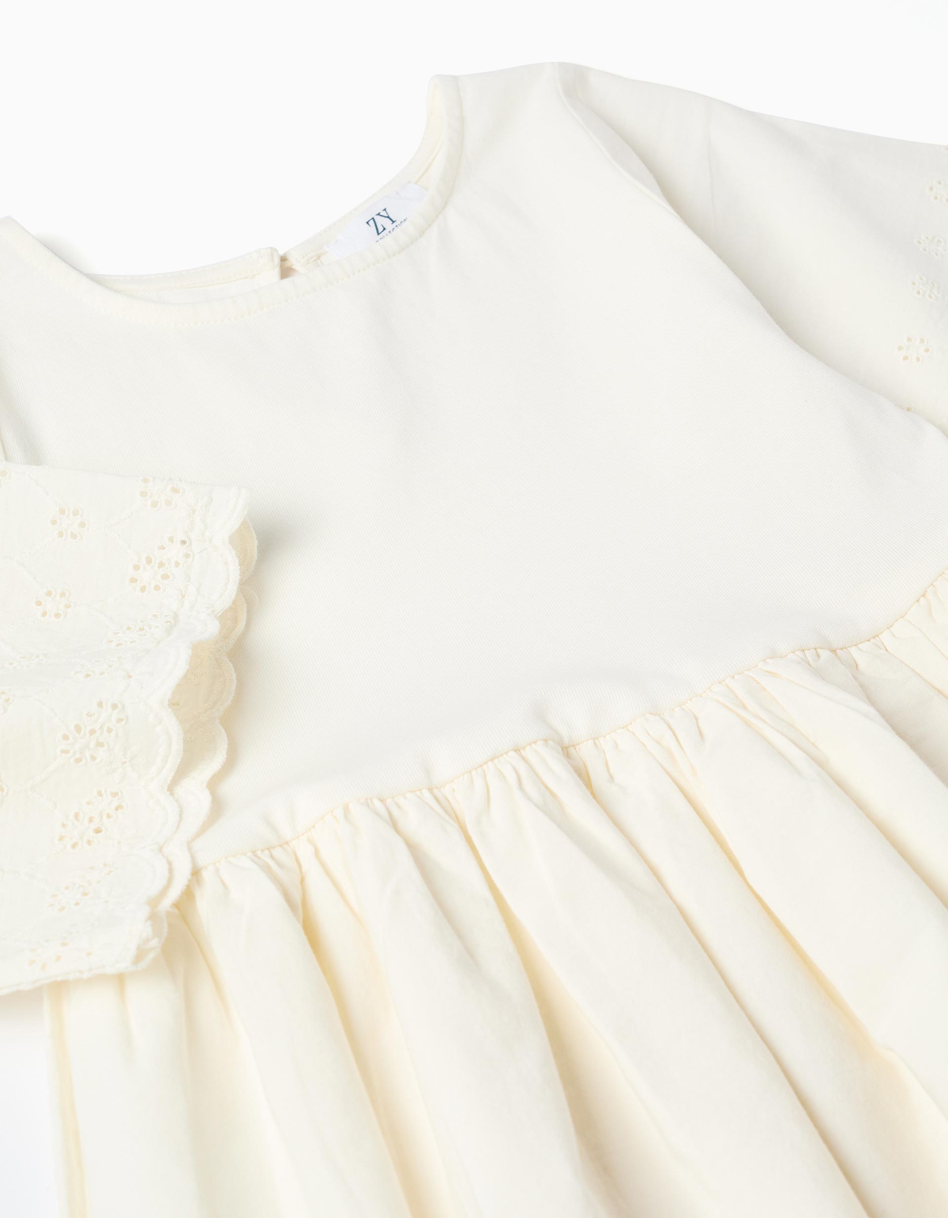 Short sleeve cotton dress with broderie anglaise for girls, light beige