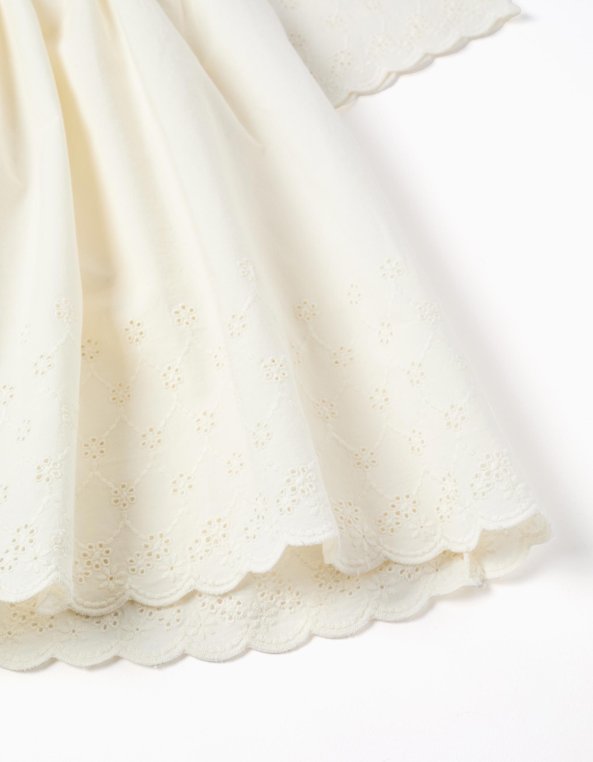 Short sleeve cotton dress with broderie anglaise for girls, light beige