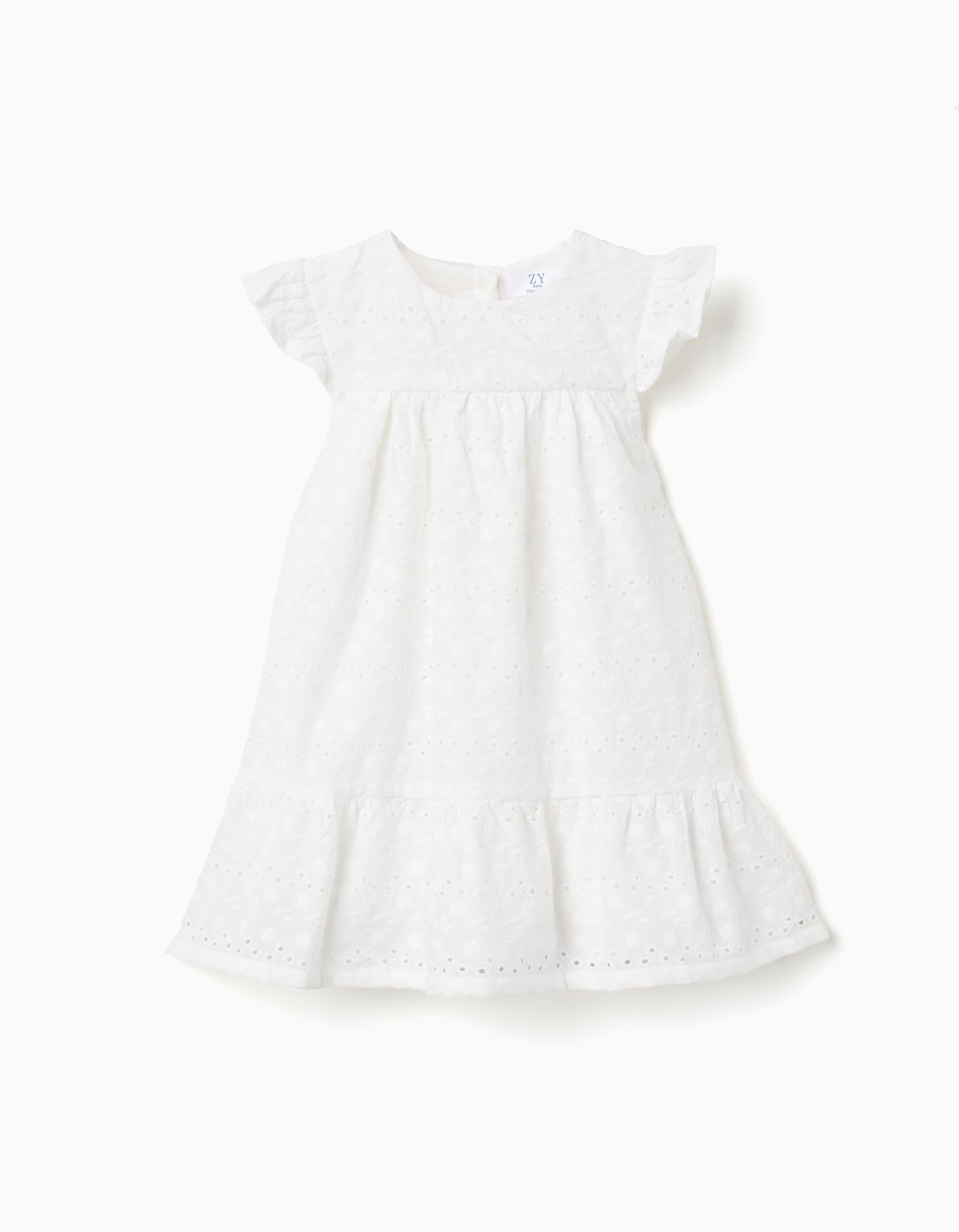 Vestido de algodón con bordado inglés y volantes para bebé niña, blanco