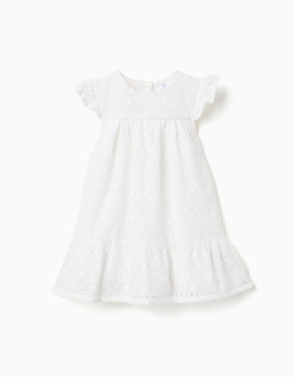 Cotton dress with broderie anglaise and ruffles for baby girls, white