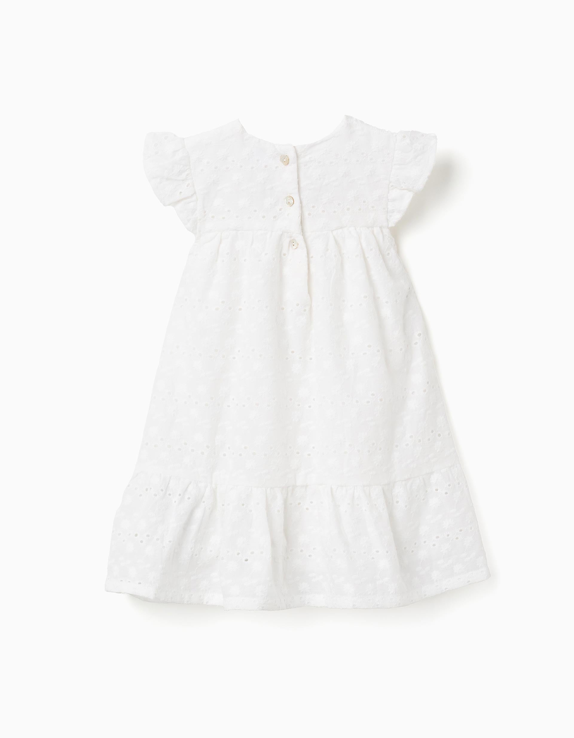 Vestido de algodón con bordado inglés y volantes para bebé niña, blanco