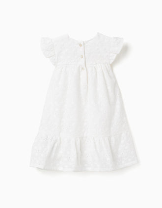 Cotton dress with broderie anglaise and ruffles for baby girls, white