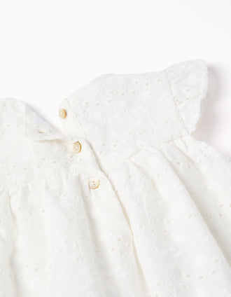 Cotton dress with broderie anglaise and ruffles for baby girls, white