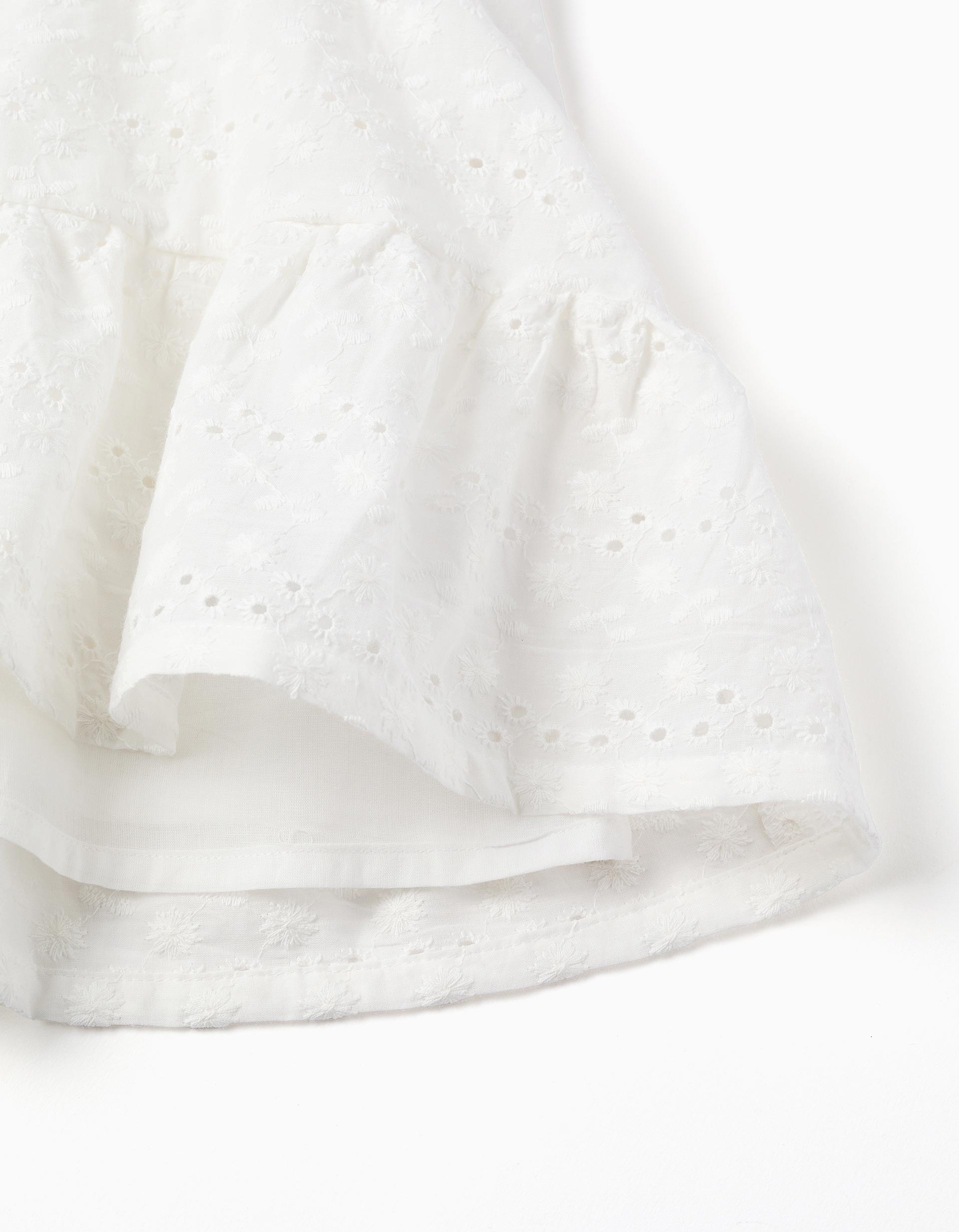 Vestido de algodón con bordado inglés y volantes para bebé niña, blanco