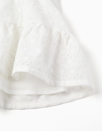 Cotton dress with broderie anglaise and ruffles for baby girls, white