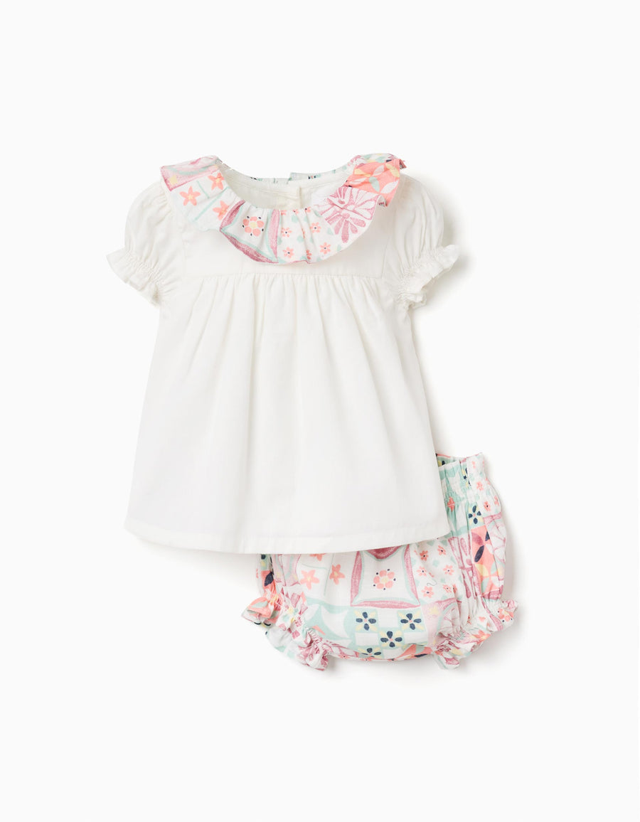 Cotton blouse + bloomers with tile pattern for newborn girls, multicolour