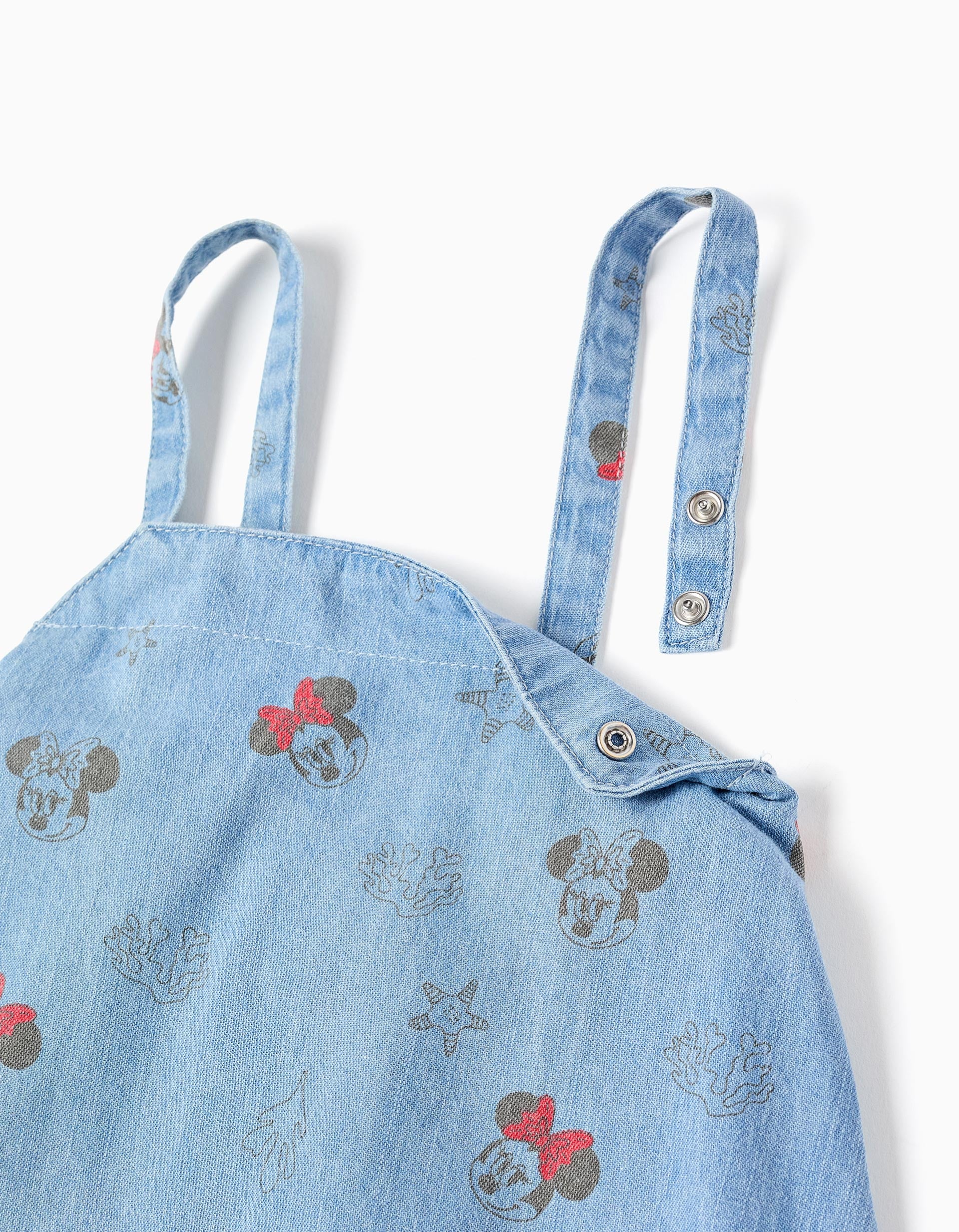 Vestido de ganga sem mangas Minnie para bebé menina, azul-claro