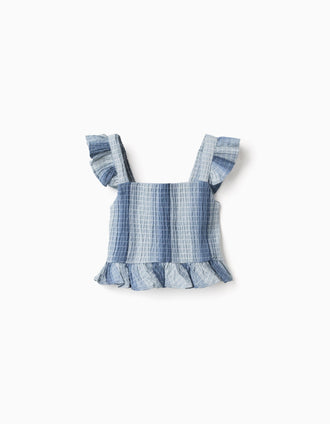 Top sem mangas de algodão às riscas e com folhos para menina, azul