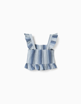 Top sem mangas de algodão às riscas e com folhos para menina, azul