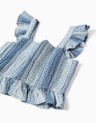 Top sem mangas de algodão às riscas e com folhos para menina, azul