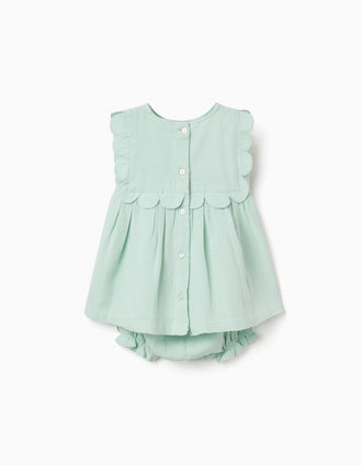Vestido e um tapa-fraldas em algodão e linho para recém-nascida, verde-claro