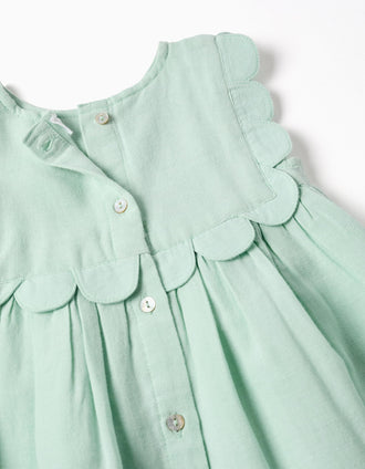 Vestido e um tapa-fraldas em algodão e linho para recém-nascida, verde-claro