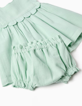 Vestido e um tapa-fraldas em algodão e linho para recém-nascida, verde-claro