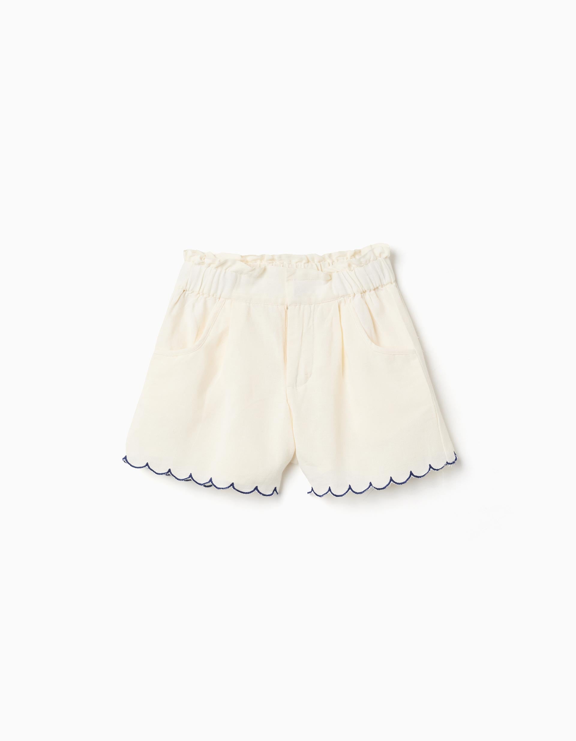 Shorts in cotton and linen with paperbag waist for girls, light beige