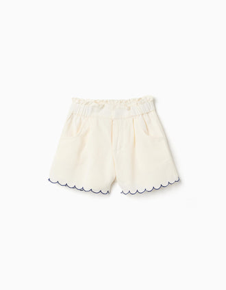 Shorts in cotton and linen with paperbag waist for girls, light beige